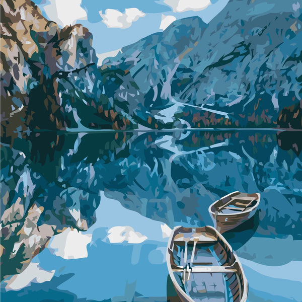 Scenic lake painting with wooden boats and mountain reflections