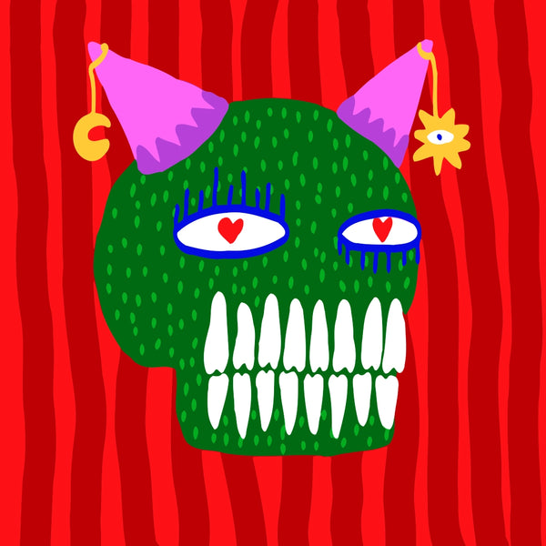 Green skull with heart-shaped eyes, bold lashes, and party hats on a wavy red background – playful paint by numbers artwork by @craftyloop.stories.