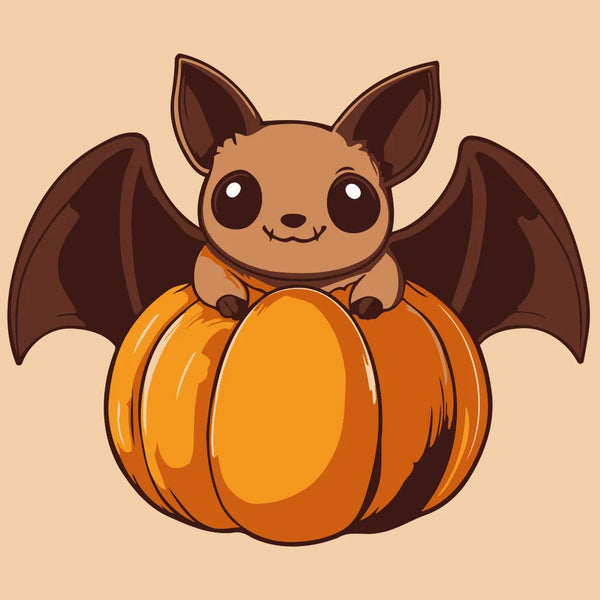 Cute cartoon bat sitting on a pumpkin in Halloween painting