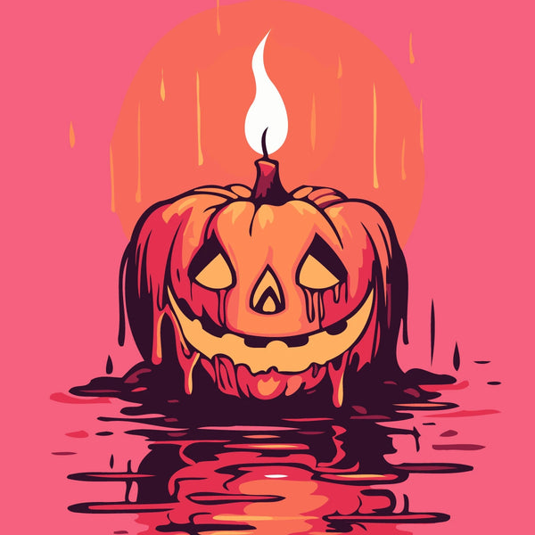 Melting jack-o'-lantern candle reflecting on water in Halloween painting