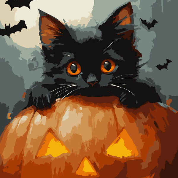 Black kitten on glowing jack-o'-lantern with bats and full moon painting