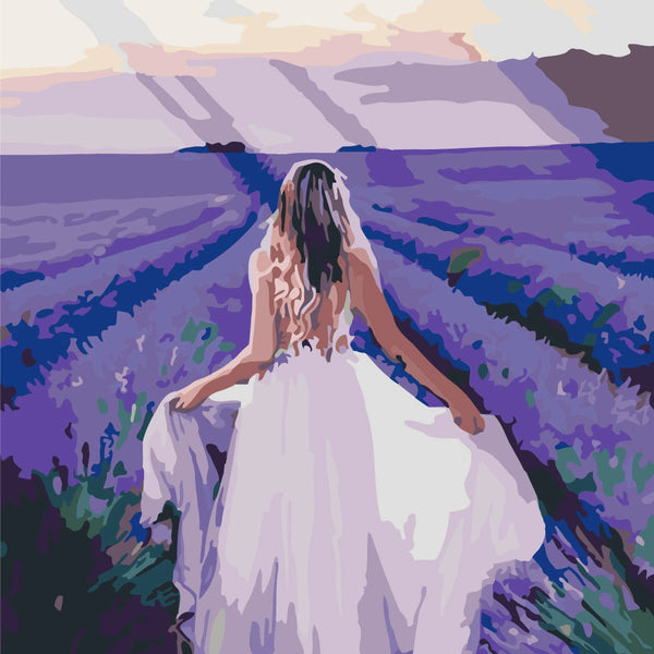 Woman in white dress walking through lavender field at sunset painting