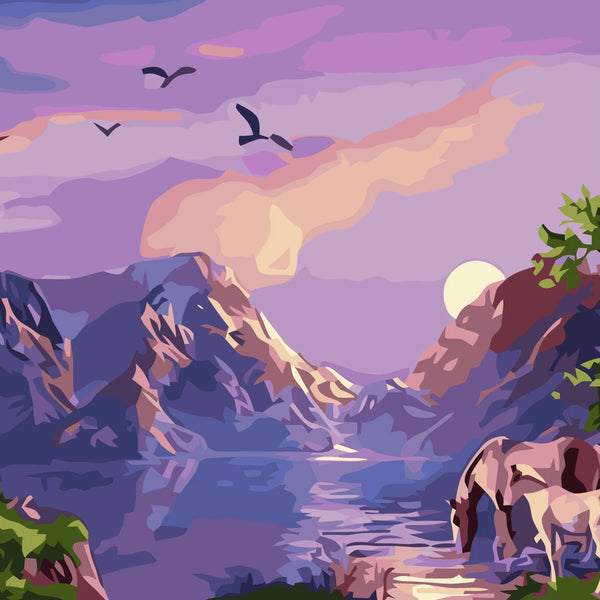 Horses drinking from lake with mountains and sunset sky painting