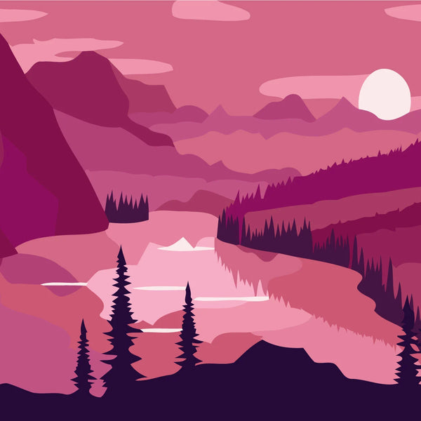 Serene pink-toned mountain landscape with lake and sunset painting