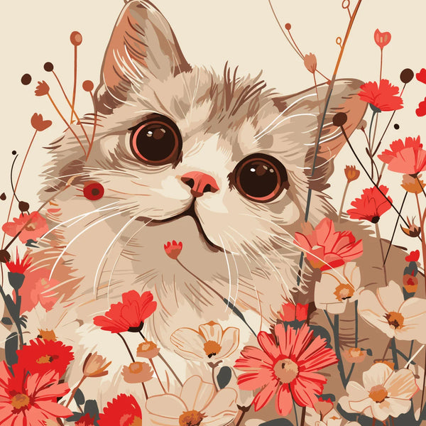 Painting of a curious cat surrounded by blooming red and beige flowers