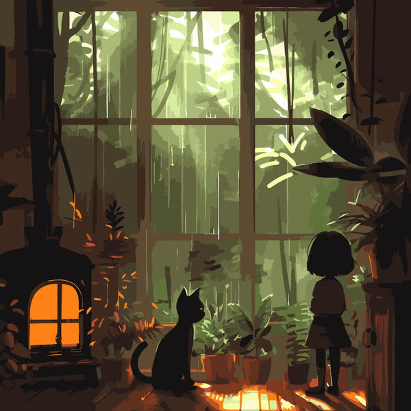 Painting of a girl and cat watching rain through large window