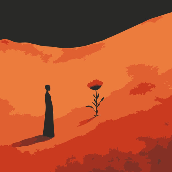Quiet Growth Paint by Numbers Kit featuring a lone figure observing a single flower blooming in a barren landscape.