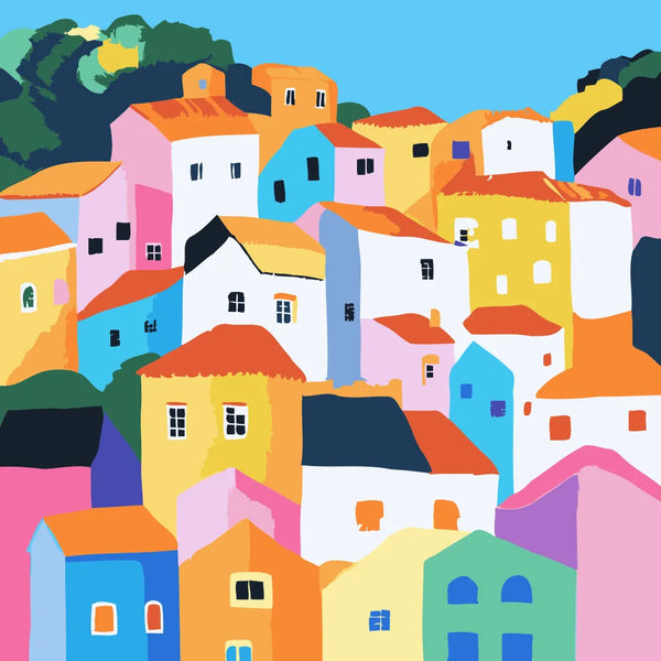 Painting of colorful hillside houses with vibrant rooftops and windows