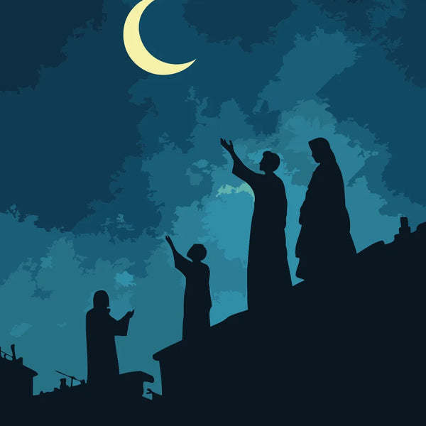 Silhouetted figures standing on rooftops under a glowing crescent moon, lifting their hands in prayer to welcome the beginning of Ramadan.