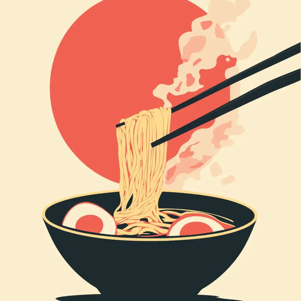 Painting of steaming ramen bowl with chopsticks and soft-boiled eggs