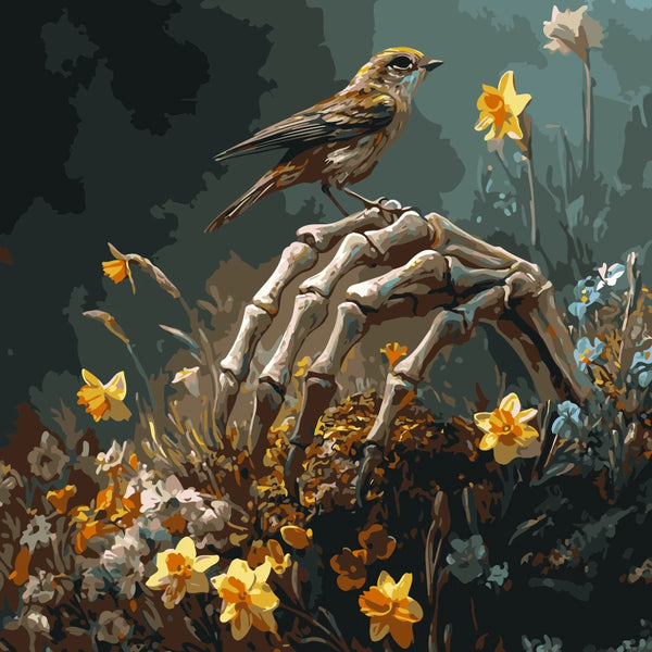 Rebirth Bloom Paint by Numbers Kit featuring a skeletal hand holding daffodils with a bird perched on top, surrounded by lush flowers and earthy tones.