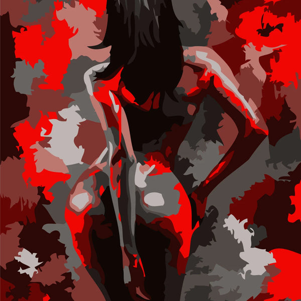 Painting of a woman with dark hair against abstract red background