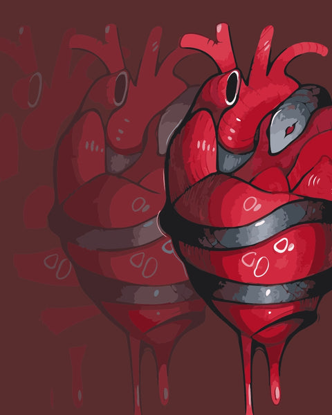 Anatomical red heart wrapped tightly by a serpent, dripping and glossy on a dark burgundy background. Surreal symbolic artwork by Kalinina.