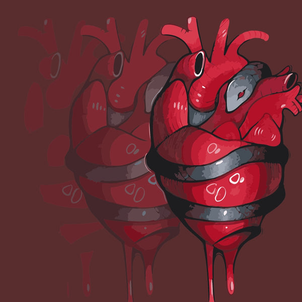 Anatomical red heart wrapped tightly by a serpent, dripping and glossy on a dark burgundy background. Surreal symbolic artwork by Kalinina.