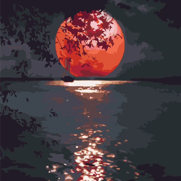 Sailboat on water with glowing red sunset and tree silhouette painting