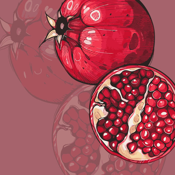 Illustration of a whole and cut red pomegranate with glossy seeds on a warm burgundy background, designed by Kalinina for the Red Pomegranate paint by numbers kit.