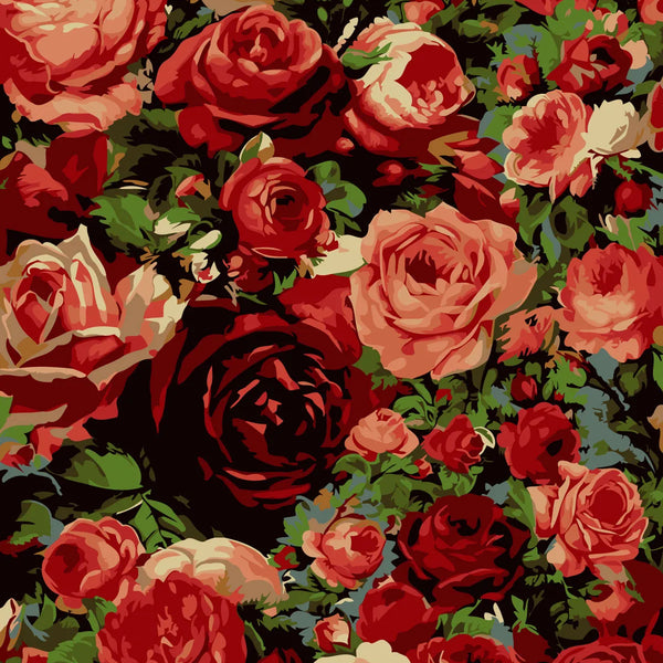 Painting of vibrant red and pink roses with lush green leaves