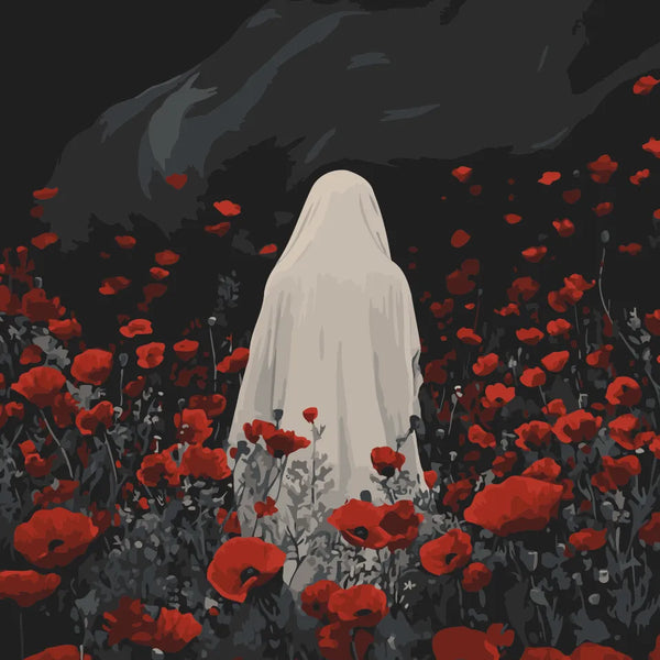Ghostly figure in white standing among red poppies under a dark sky, featured in the Red Silence paint by numbers kit.