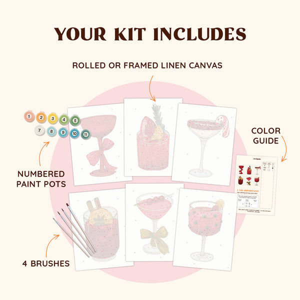 Artspark Red Sip paint by numbers kit with brushes, numbered paints, and color guide — holiday cocktail art set for festive DIY decor and gift giving.