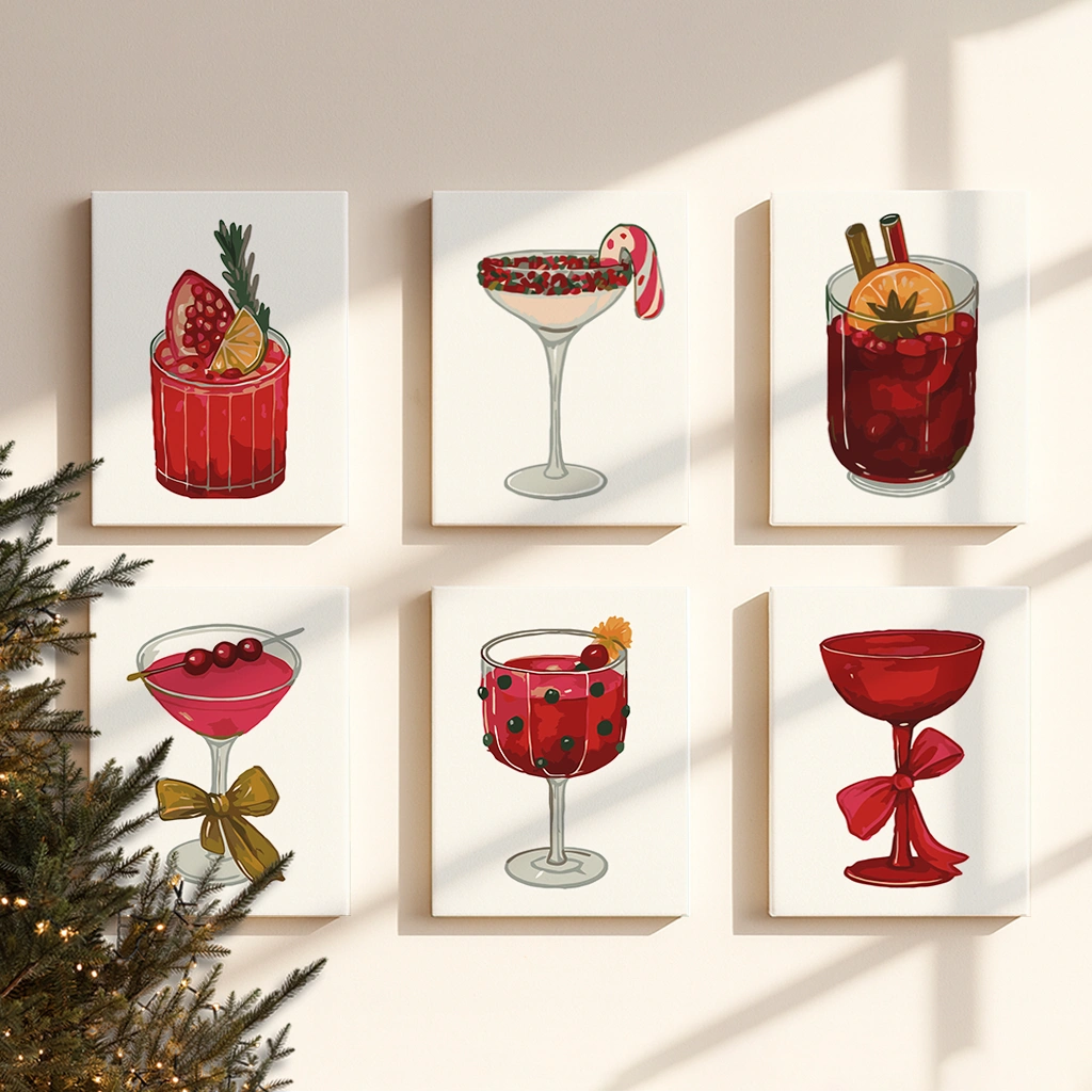 Completed Red Sip paint by numbers canvases by Artspark showing elegant red holiday cocktails — perfect festive wall art for home bar or Christmas decor.