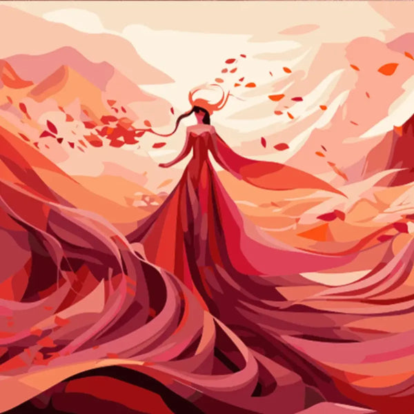 Painting of a woman in flowing red dress amidst swirling winds