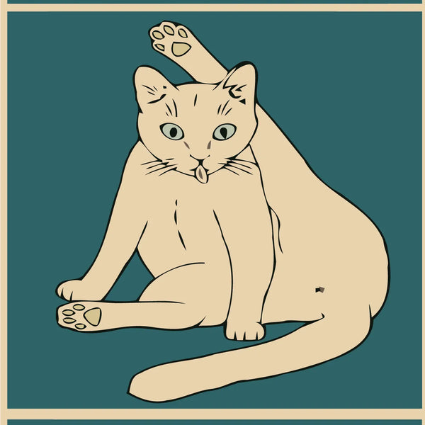 Humorous painting of a cat cleaning itself with funny text