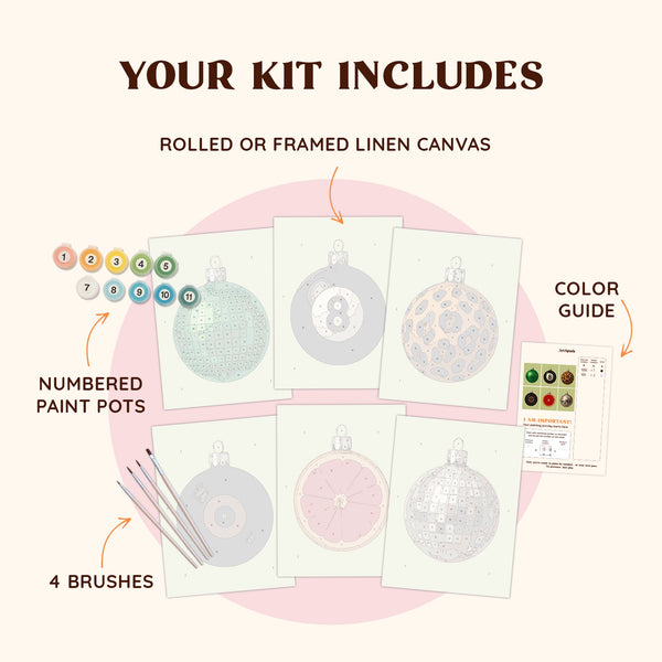 Artspark Retro Glow paint by numbers kit with brushes, numbered paints, and six nostalgic holiday canvases inspired by mid-century Christmas ornaments — a perfect DIY wall art project.