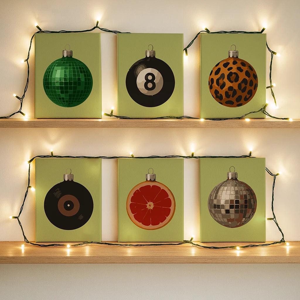 Completed Retro Glow paint by numbers canvases by Artspark featuring bold vintage Christmas baubles in green, orange, and metallic tones — perfect retro holiday wall decor.
