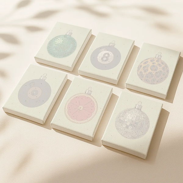 Retro Glow paint by numbers set of 6 mini canvases by Artspark featuring outlined vintage ornaments ready to paint, from disco balls to retro citrus and vinyl designs. Ideal for creative Christmas decor.