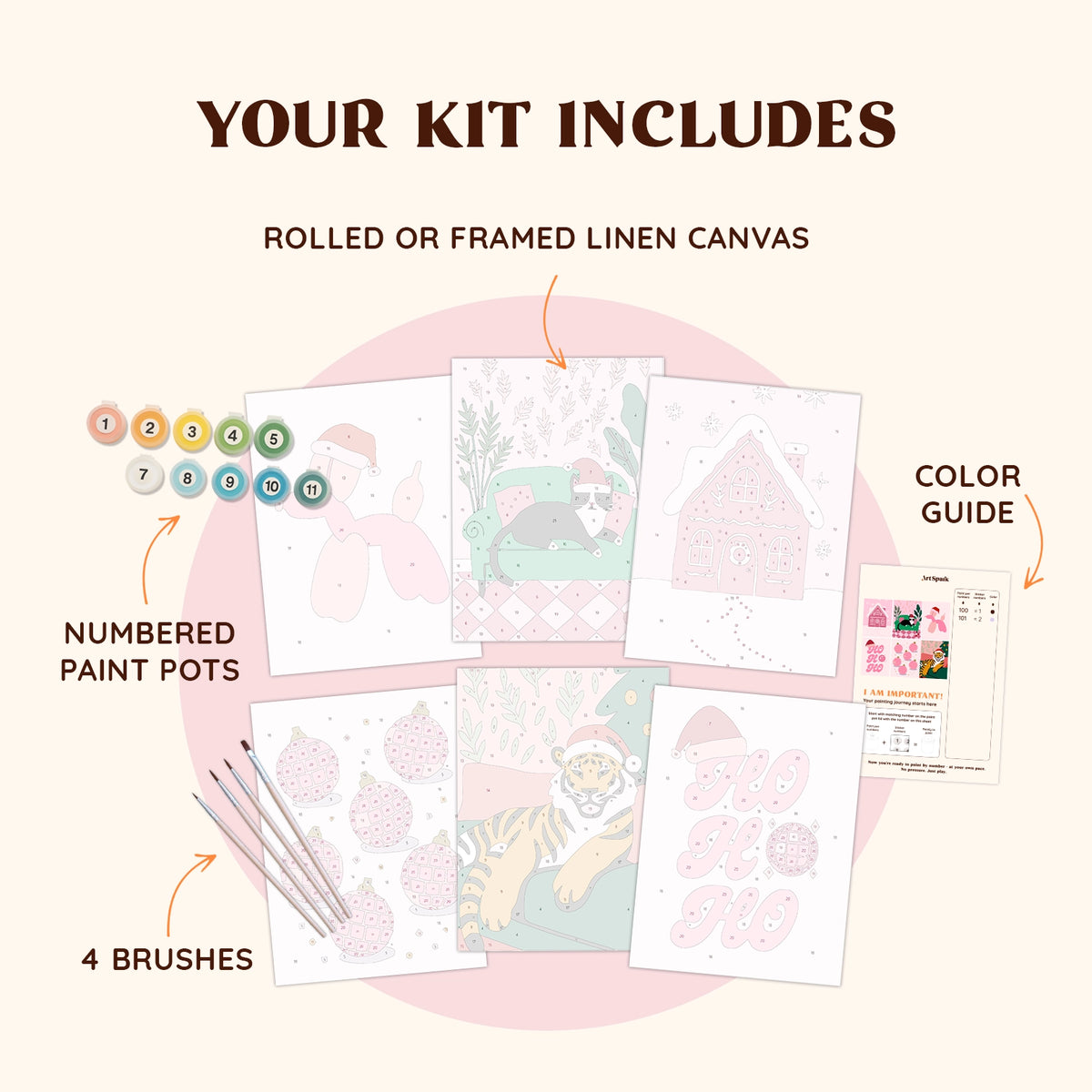 Artspark Retro Noel paint by numbers kit with brushes, numbered paints, and color guide — retro-inspired pink Christmas art set for creative holiday decor lovers.