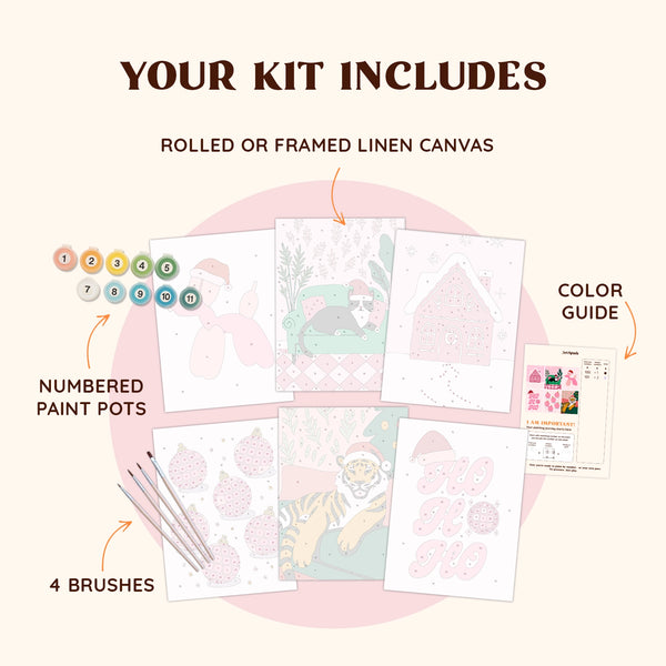 Artspark Retro Noel paint by numbers kit with brushes, numbered paints, and color guide — retro-inspired pink Christmas art set for creative holiday decor lovers.