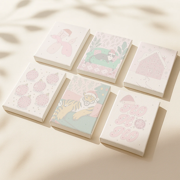Retro Noel paint by numbers set of 6 mini canvases by Artspark featuring pastel pink and mint holiday scenes — tiger, dog on sofa, ornaments, and gingerbread house.