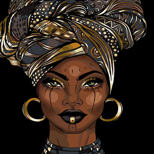 Portrait painting of a woman with patterned headwrap and gold jewelry