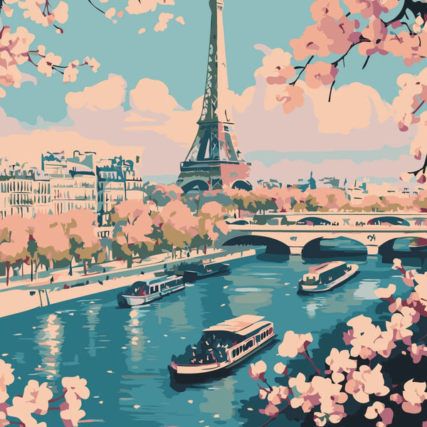 Painting of the Eiffel Tower with cherry blossoms and river boats