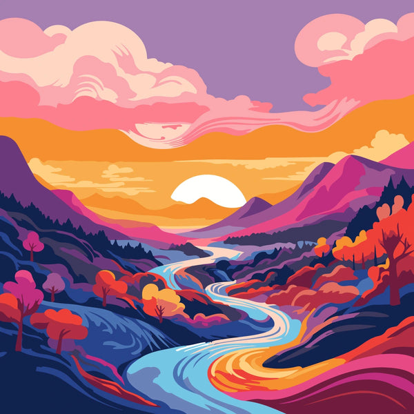 Colorful painting of a sunset over mountains with winding river