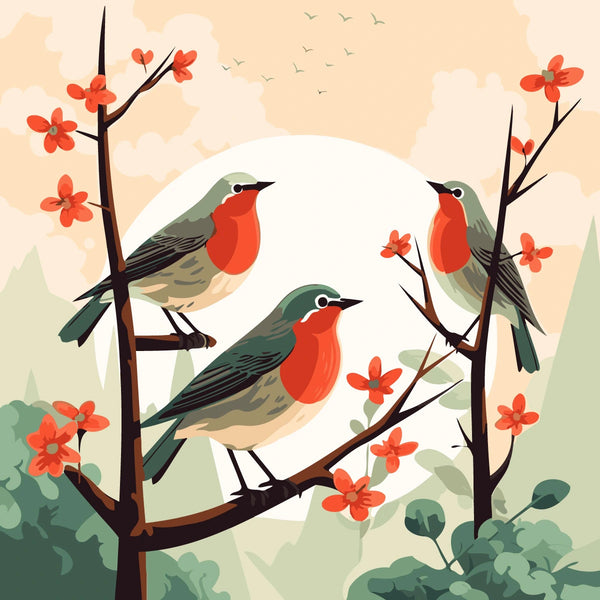 Painting of three red-breasted birds perched on flowering branches