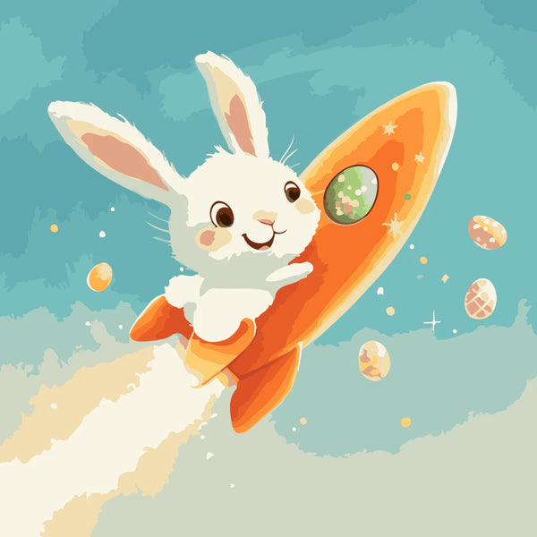 Rocket Bunny Paint by Numbers Kit featuring a joyful bunny riding an orange rocket through the sky, surrounded by floating Easter eggs.