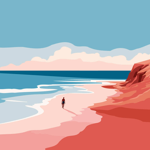 Painting of a lone figure walking on a serene beach shoreline