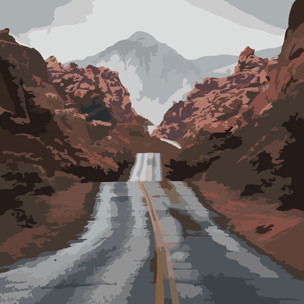 Desert highway leading to mountains with cloudy sky painting