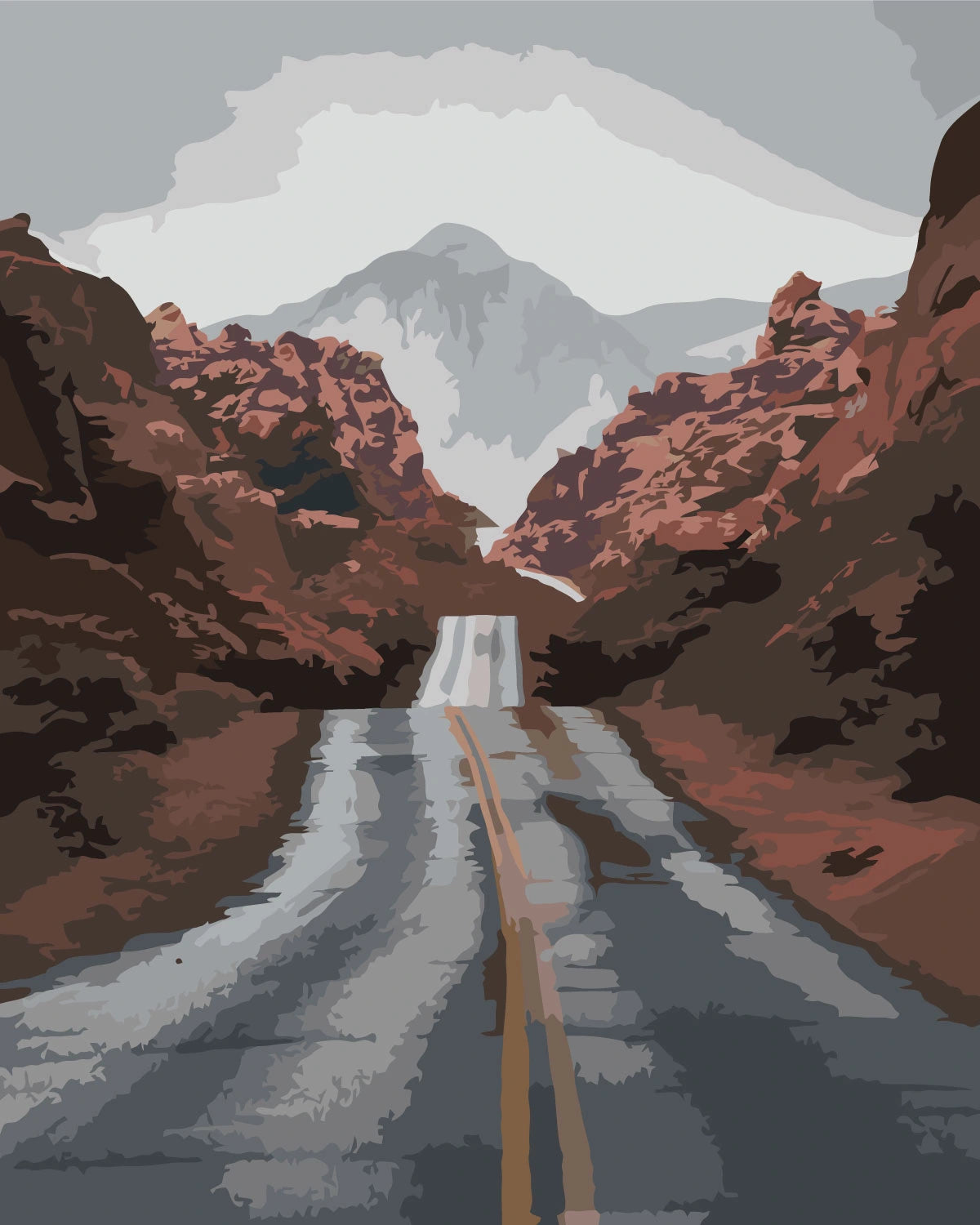 Desert highway leading to mountains with cloudy sky painting