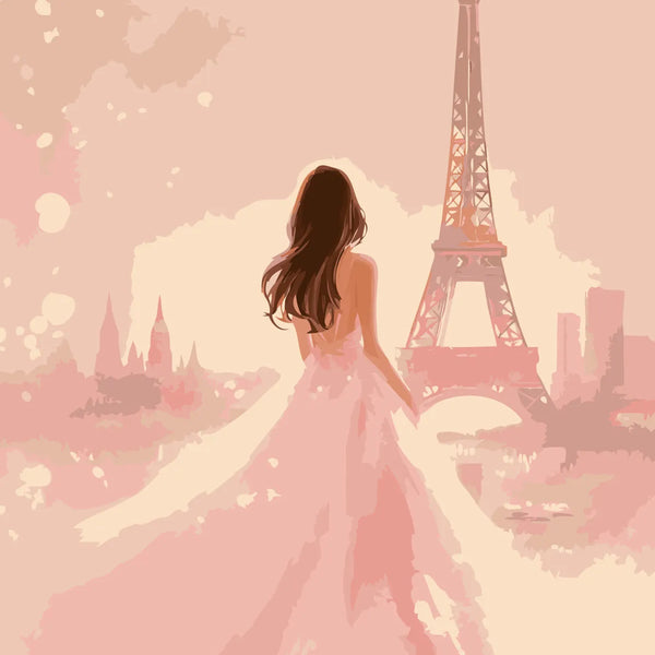Woman in flowing dress looking at Eiffel Tower in Paris