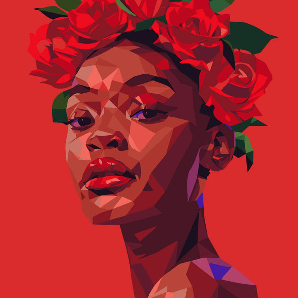 Abstract portrait of a woman with red roses and bold colors
