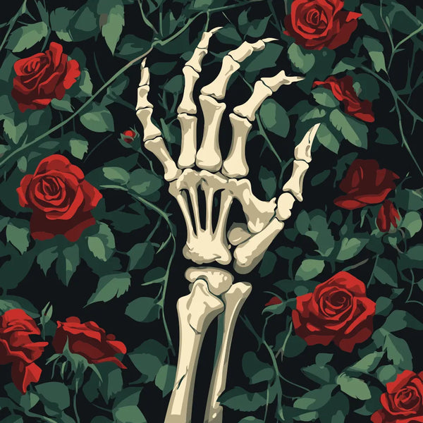 Skeletal hand reaching through vibrant red roses and green vines, featured in the Roses and Ruins paint by numbers kit.