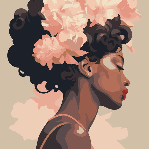 Elegant woman with floral hair in soft pastel tones painting