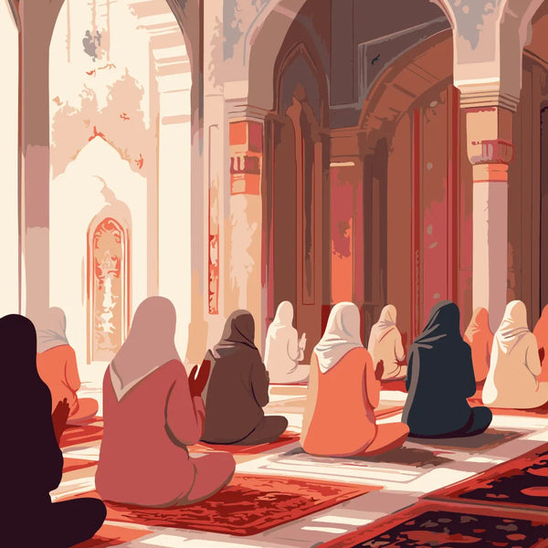 Women kneeling in prayer inside a sunlit mosque, dressed in traditional attire, surrounded by elegant archways and warm light filtering through the sacred space.