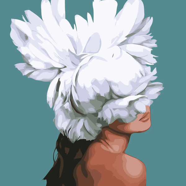 Surreal portrait of a woman with a large white flower