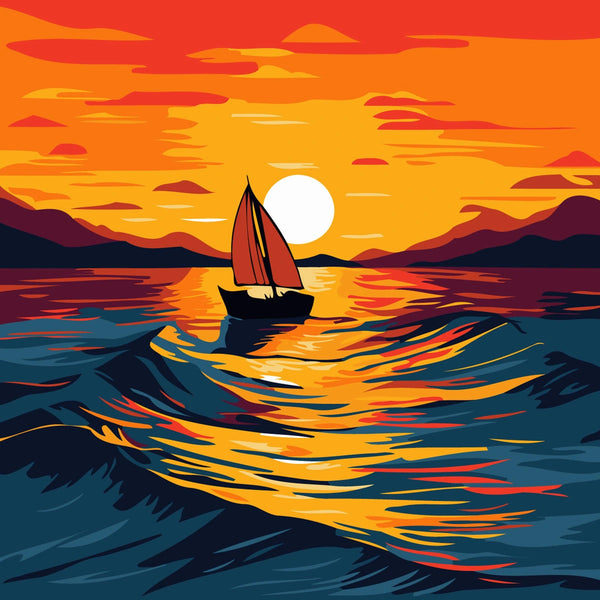 Sailboat on vibrant ocean waves during a golden sunset