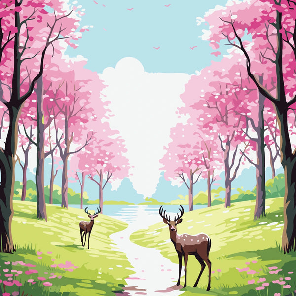 Deer in a vibrant cherry blossom forest with a river