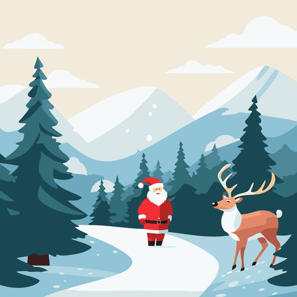 Santa Claus and reindeer in a snowy winter mountain landscape