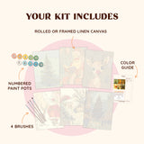 Santa Story paint by numbers kit by Artspark including brushes, paint pots, color guide, and six Christmas-themed canvases.